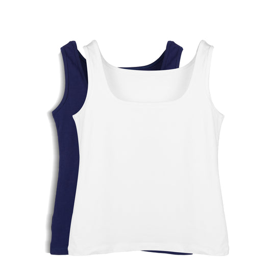 Sleeveless Square Neck Top 2-Pack (White/Navy)